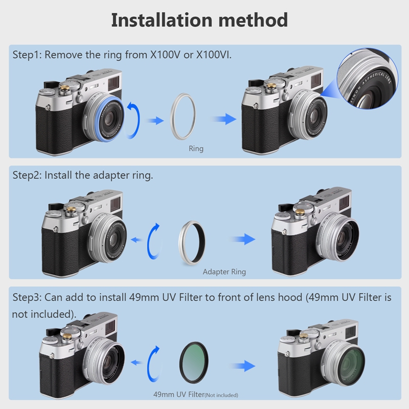 Pierścień adaptera filtra obiektywu Haoge do Fujifilm X100VI X100V 49mm UV CPL ND AR-X100 srebrny