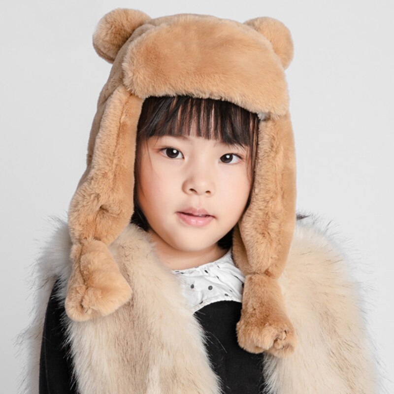 Girls Bomber Hat Faux Fur Hats Winter Windproof Warm Ear Protect Bomber Russian Ushanka Cap