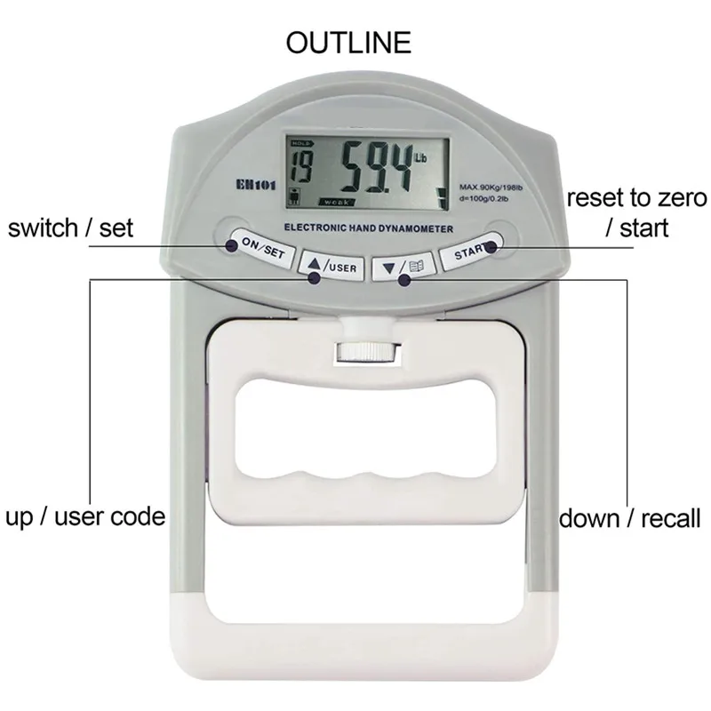 Digital Electronic Hand Dynamometer Grip Strength Measurement Meter Auto Capturing Hand Grip Power 200 Lbs / 90 Kgs