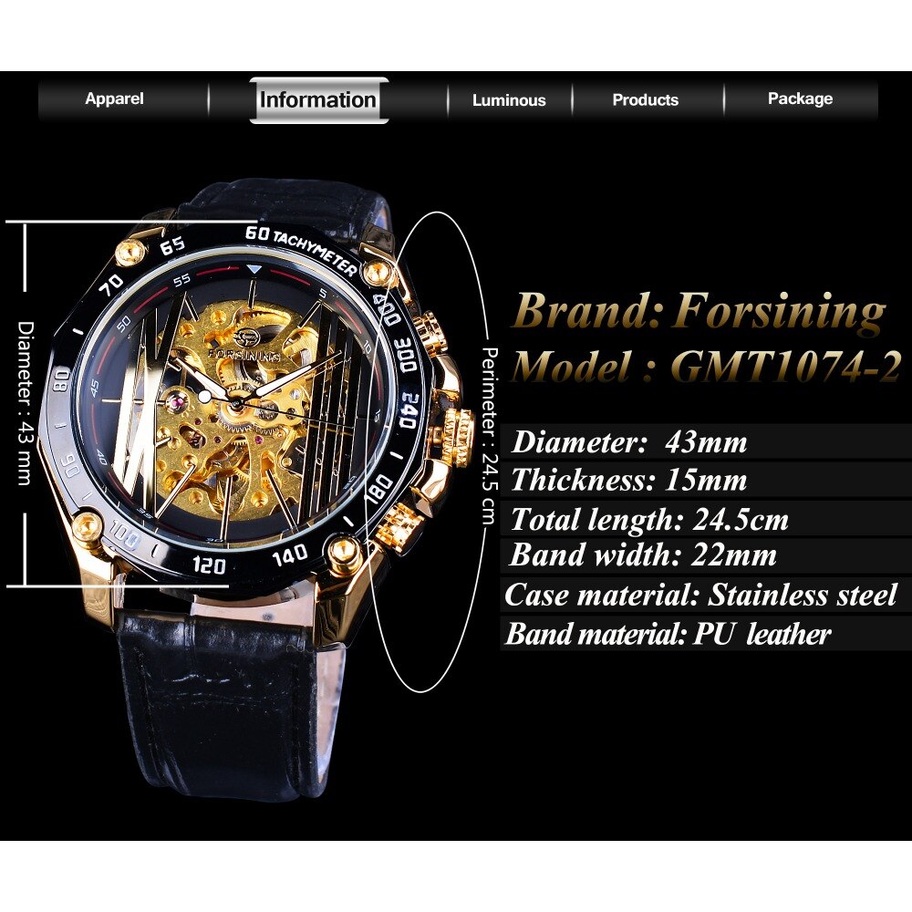 Forsining Grote Wijzerplaat Steampunk Luxe Golden Gear Beweging Mannen Creatieve Opengewerkte Horloges Automatische Mechanische Horloges