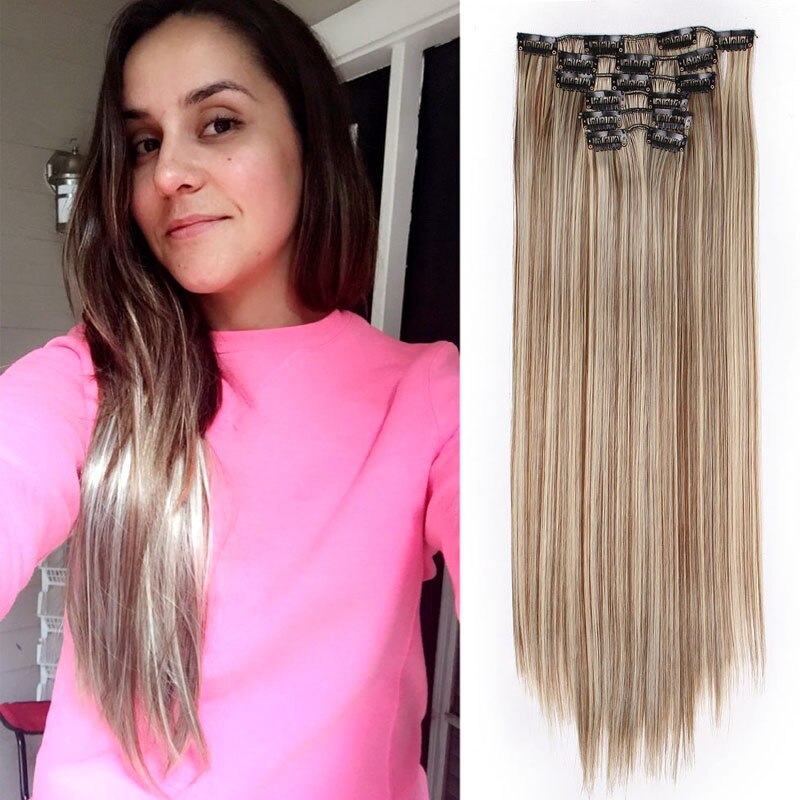 BEAUTY PROS Long ombre Straight Clip In Hair Extensions 16Clips Full Head Synthetic Hair Extension 22'' Available Heat Resistant: 6H/613#