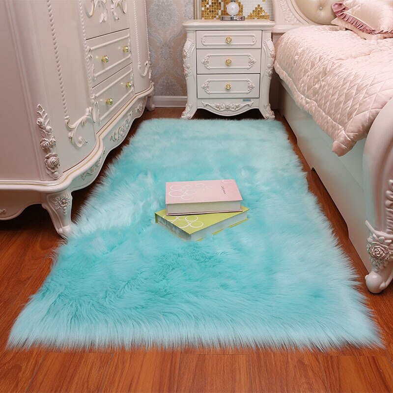 Faux Fur Tapijt Tapijt Voor Woonkamer Pluche Lange Haar Floor Mat Antislip Nachtkastje Tapijten Slaapkamer Thuis Gebied kleed Effen Kleur: L 60x120cm / Blue
