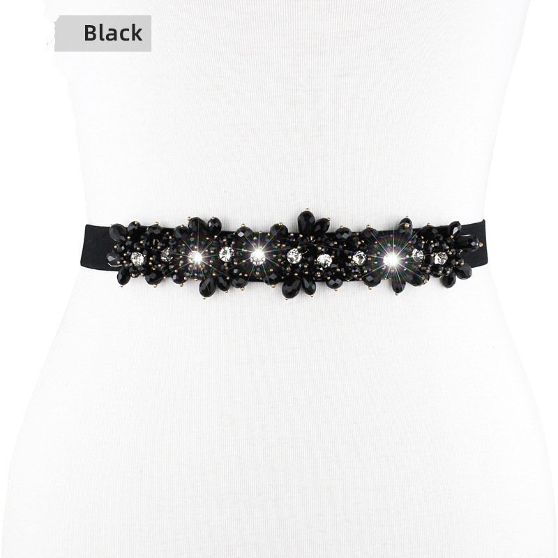 Frauen Klassische Elegante Breite Elastische strecken Taille Band mit Dekorative Strass Perlen Blume Taille Gürtel Bund B68: Schwarz