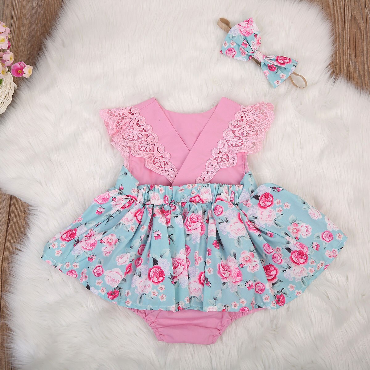 Babymeisjes kinderoutfits set bloemen rug kruis prinses romper kant vliegende mouwen jumpsuit feest zonnepak kleding