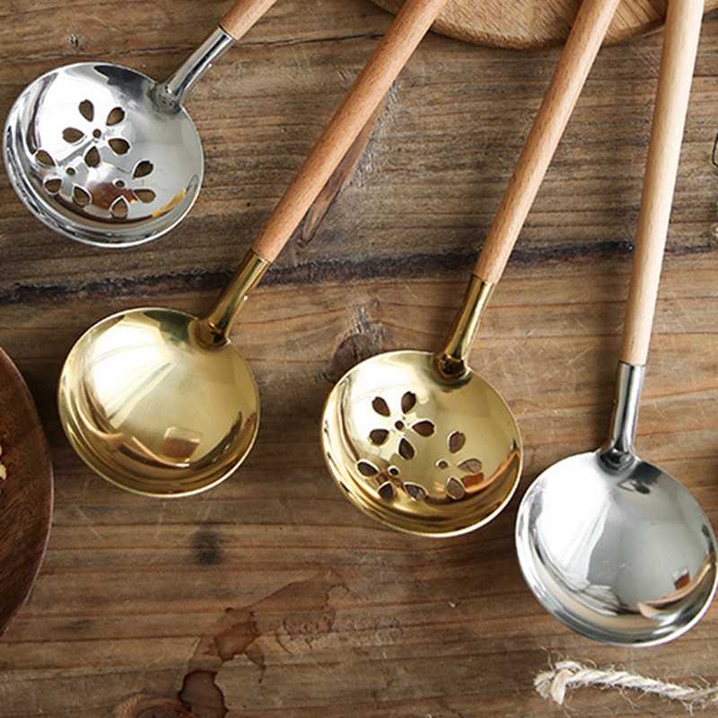 Stainless Steel Soup Spoon Japanese Style Wooden Handle Colander Pot Drain Spoon Kitchen Cooking Spoon Kitchen Supplies
