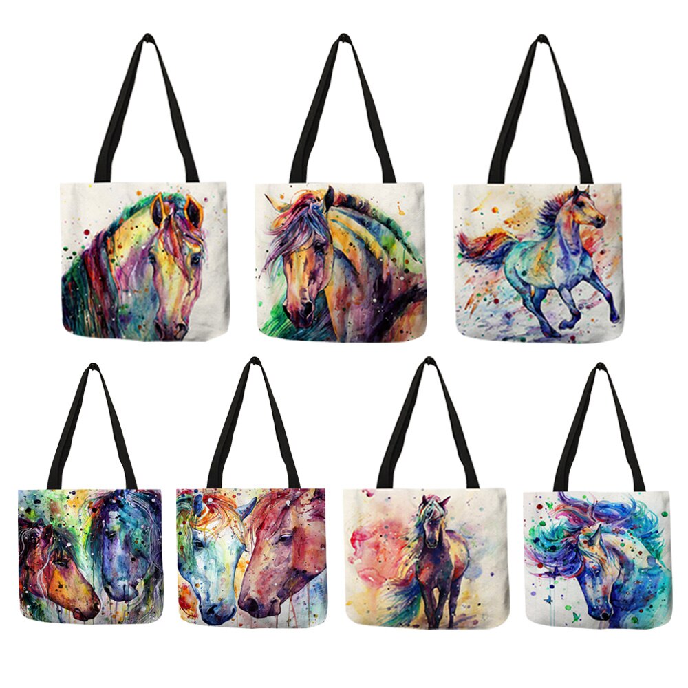 Aquarel Paard Print Linnen Shopping Bag Tote Folding Herbruikbare Reizen School Schoudertassen Casual Handtassen Voor Vrouwen