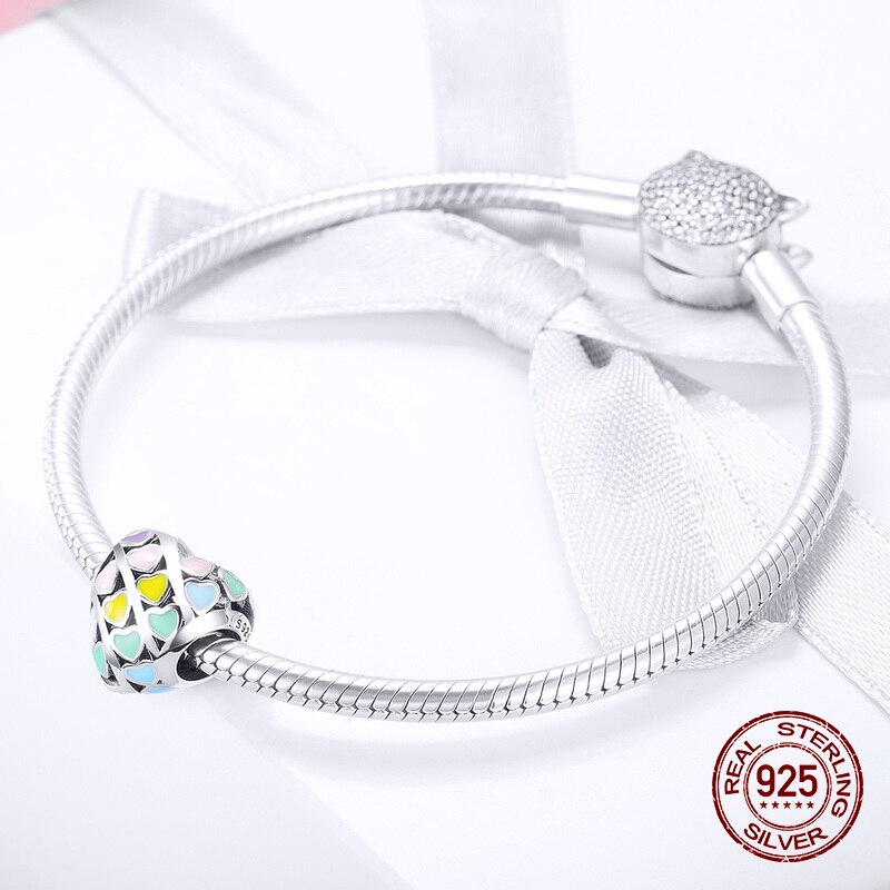 Enamel Rainbow Hart Vormige Eenvoudige Kralen Fit Armband Charm Originele Sieraden 925 Sterling Zilveren Hanger