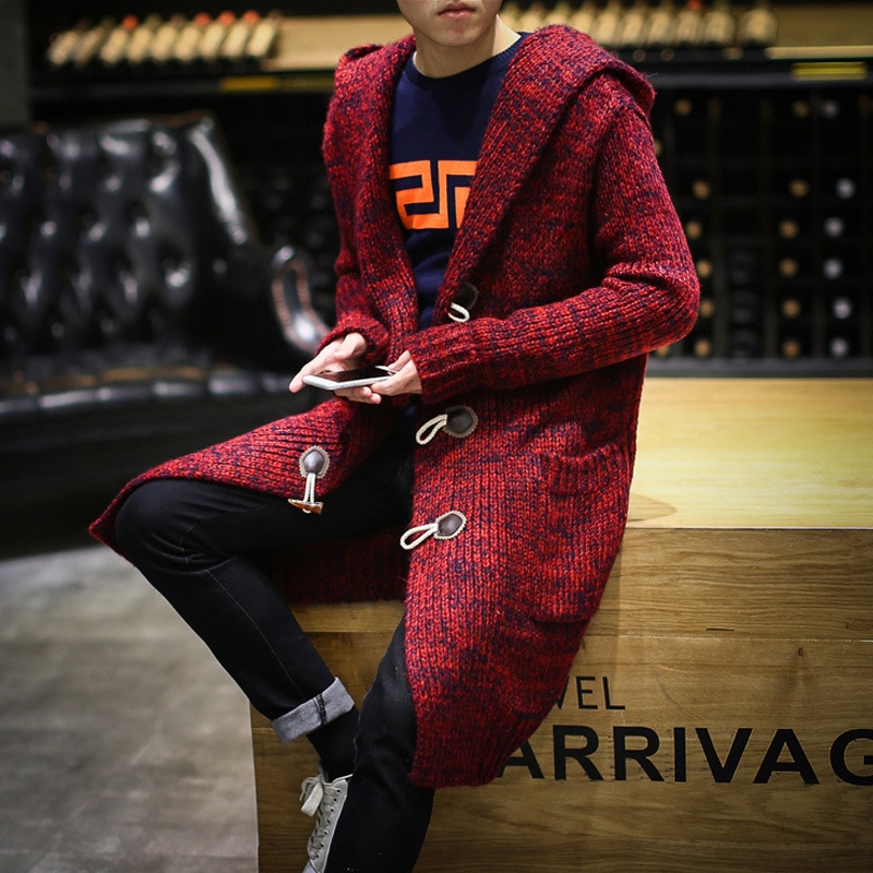 Male Long Sweaters Men Solid Cardigan Sweaters Long Casual Knit Coat Men's Cardigan Hooded Sweaters