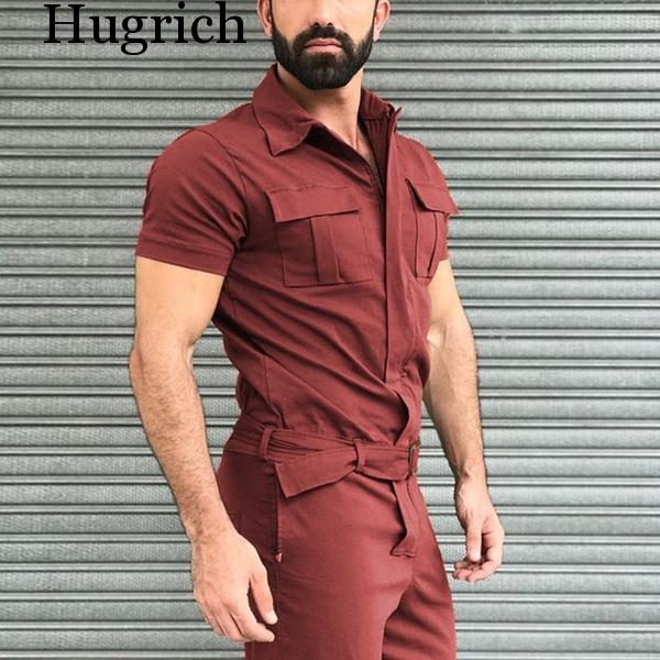 Efterår mænd korte ærmer basis arbejdsoverall til mænd ren farve cargo overalls afslappet street wear jumpsuit herre overalls: Brun / Xl