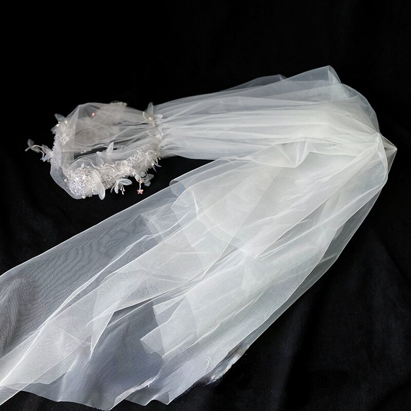 Voile long en dentelle féerique, belle coiffure, maille de gaze blanche, accessoires de cheveux pour mariage