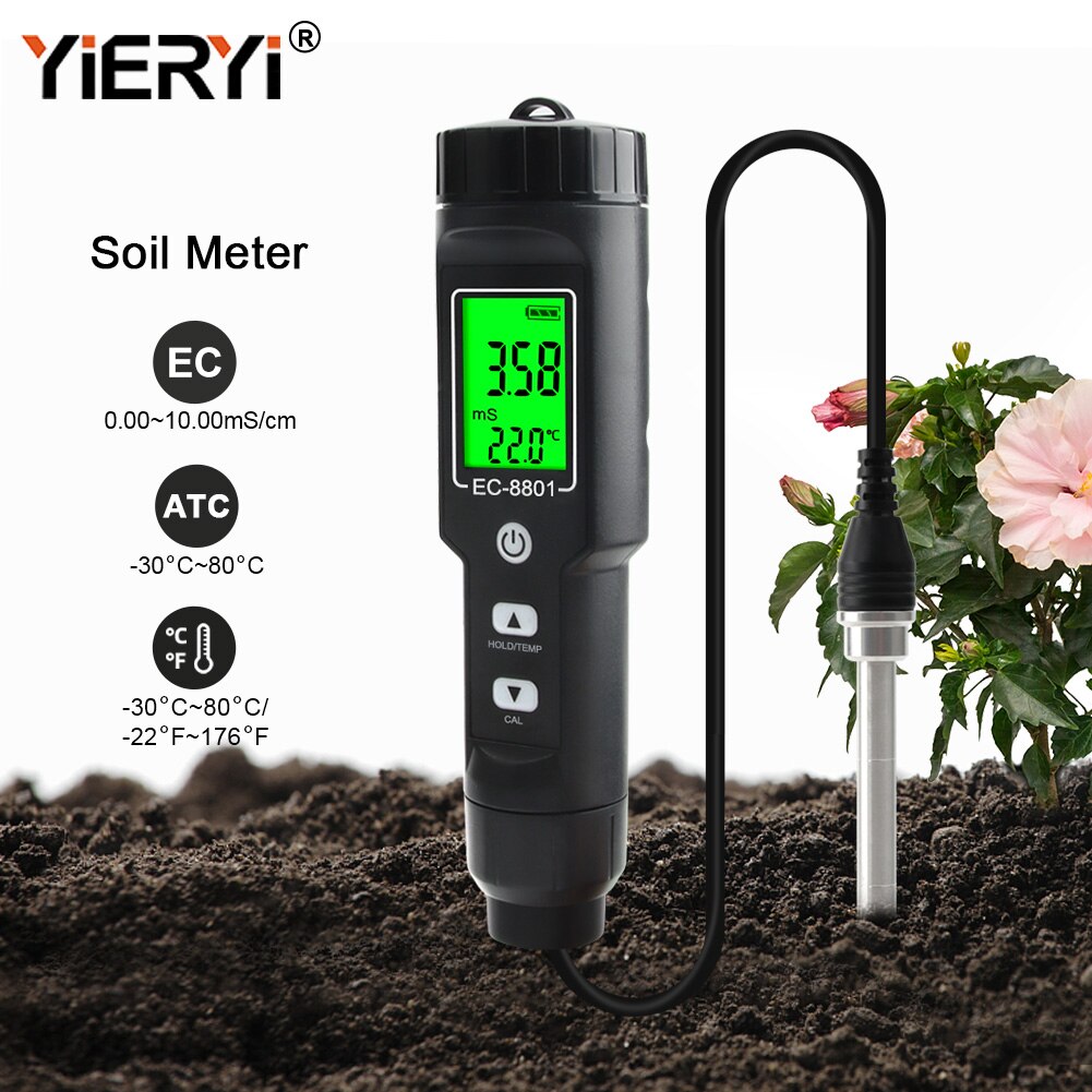 Portable Digital EC/Temperature Soil Tester Meter Farm Measurement Backlit Display Removable Electrode Waterproof Test Planting
