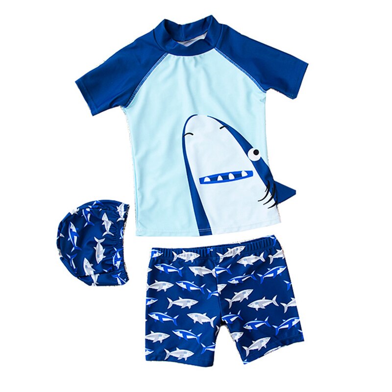 Kinderbadpak voor jongens, 3 stuks, zwemkleding, korte mouwen, topjes, zwembroeken en petten, cartoon haaienbadkleding, zonnebrandcrème, strandkleding, 2-10t stuks: (m  (4-5 jaar)