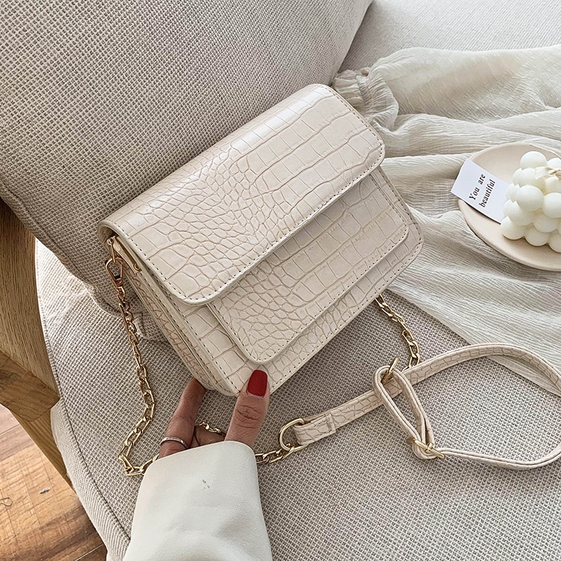 Small Crocodile Pattern PU Leather Flap Bags For Women Simple Shoulder Crossbody Handbags Chain Cross Body Bag