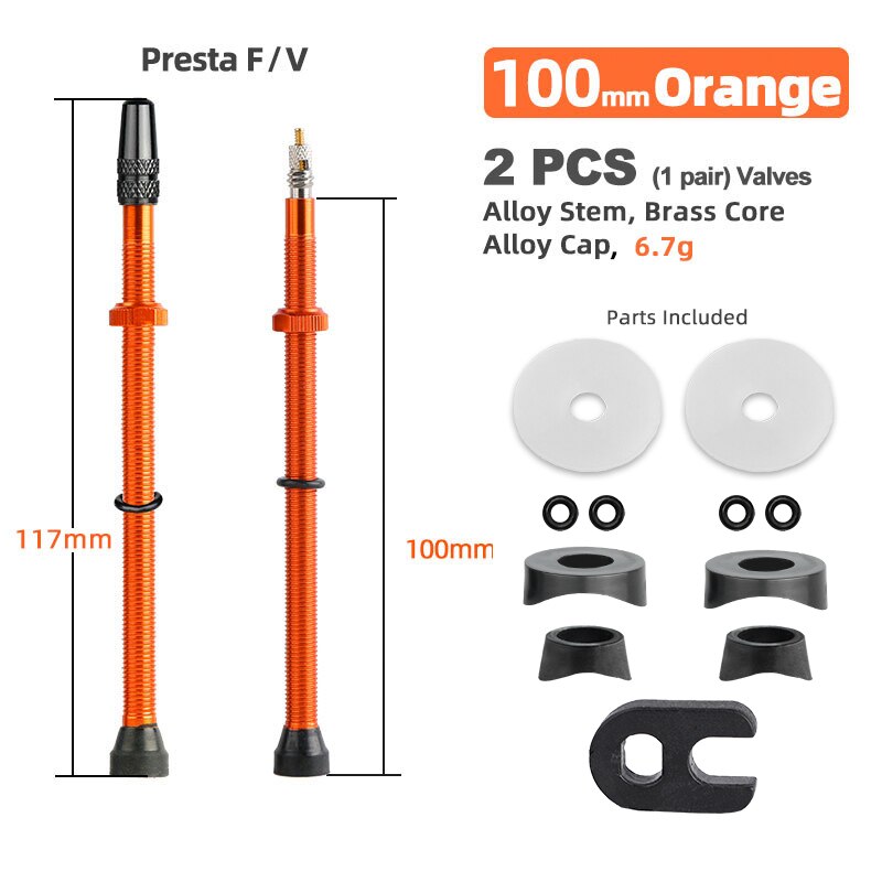 Deemount 2PCS Bicycle Tubeless Tire Presta Valve Brass Core Optional Brass Alloy Stem 40/60/80/100/120mm W/ Alloy Cap &amp; Tool: 100mm Alloy Orange B