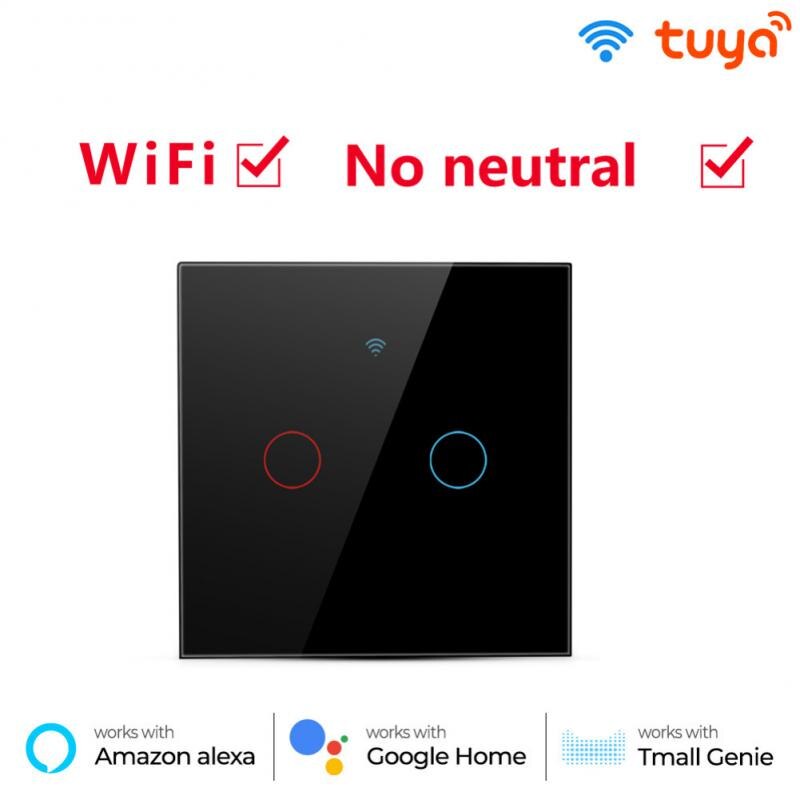 Geen Neutrale Draad Nodig Tuya Wifi Smart Touch Schakelaar 1 2 3 4 Bende Lichtschakelaar Smartlife App Controle Werk met Alexa Google Thuis: 2Gang EU Black