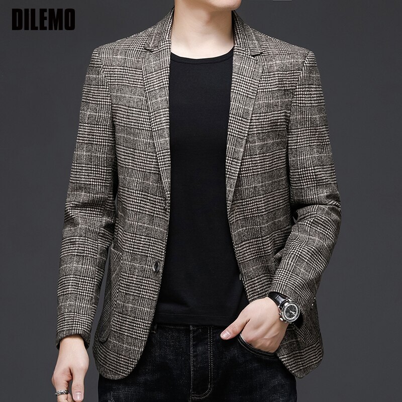 Style Top Grade Brand Casual Slim Fit Men Suits Tweed Jacket Classic Business Plaid Blazer Coats Mens Clothes