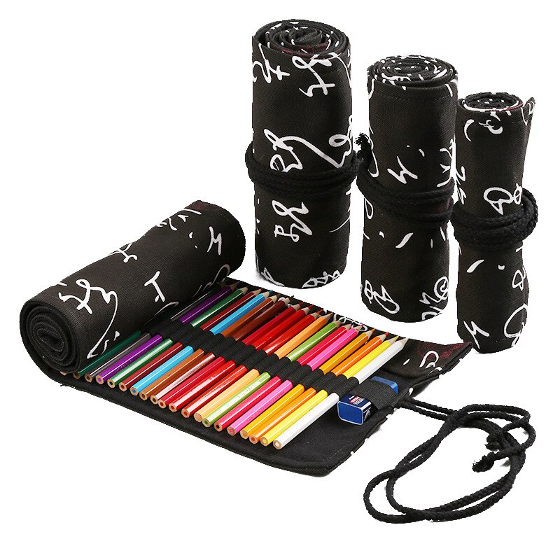 72 Gaten Schoolbenodigdheden Roll-Up Potlood Zakken Voor Kleur Potlood Pennen Tas Potlood Pouch Canvas Handgemaakte Bloemenprint kawaii Bgas: 72 hole Black line