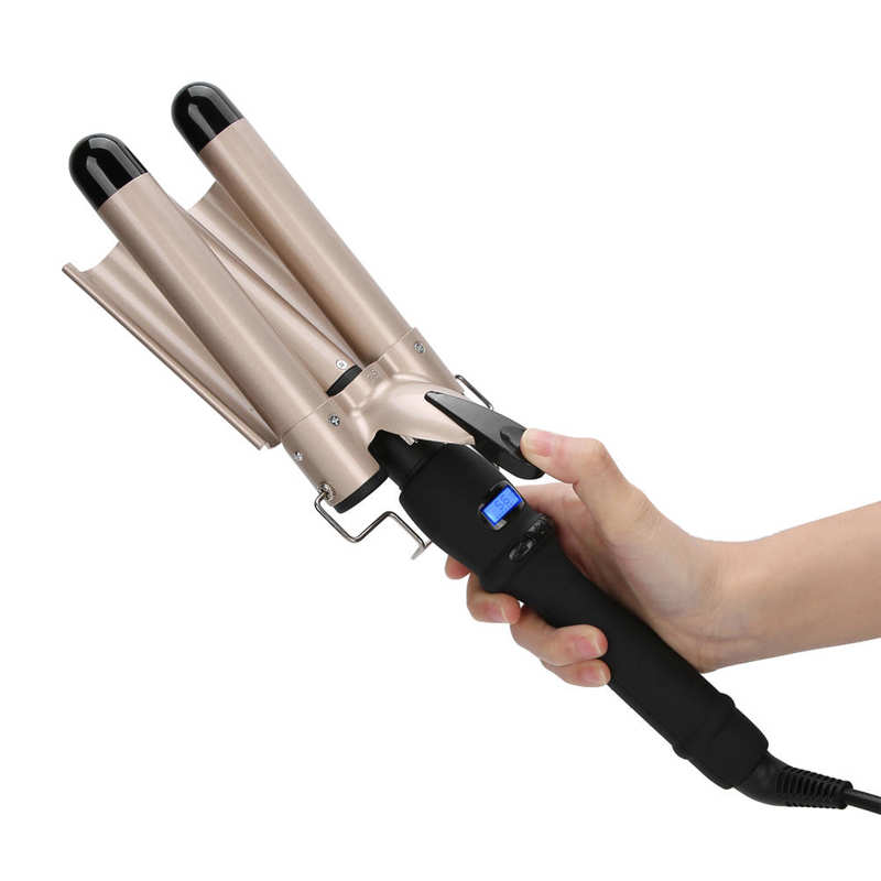 Nylon Heat-proof Head Fixed Handle Tourmaline Ceramic 3 Barrel Curling Iron Wand Hair Waver Curler Create "S" Wavy Style Tools