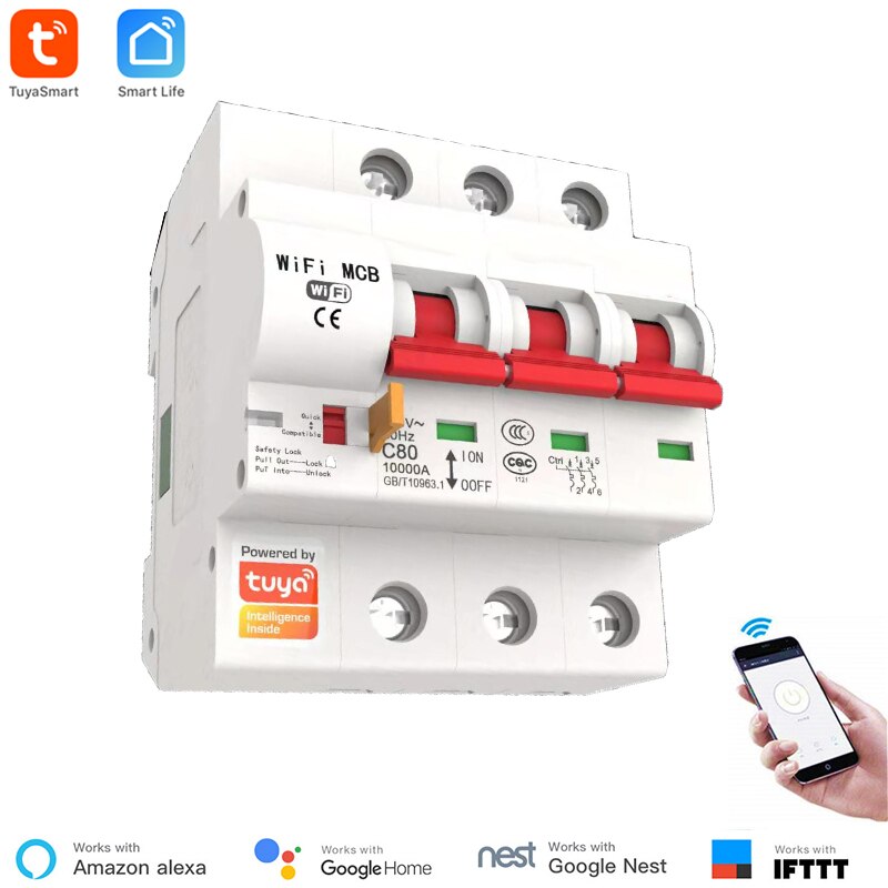 Disjuntor inteligente wi-fi tuya smart life, 16a, proteção de curto-circuito, compatível com alexa echo, google, controle remoto, interruptor wi-fi: 3P 16A