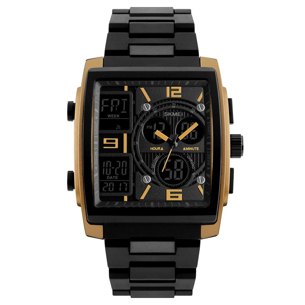 Skmei 1274 mænds armbåndsur multifunktionelt pu-strop udendørs sports digitalt ur til mænd: Gylden