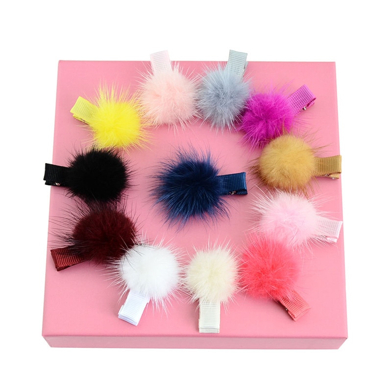 Untamed 12 pcs/lot mini solide fourrure pompon boule filles petite jolie pince à cheveux enfants épingles à cheveux accessoires pour cheveux pompon boule de cheveux clips