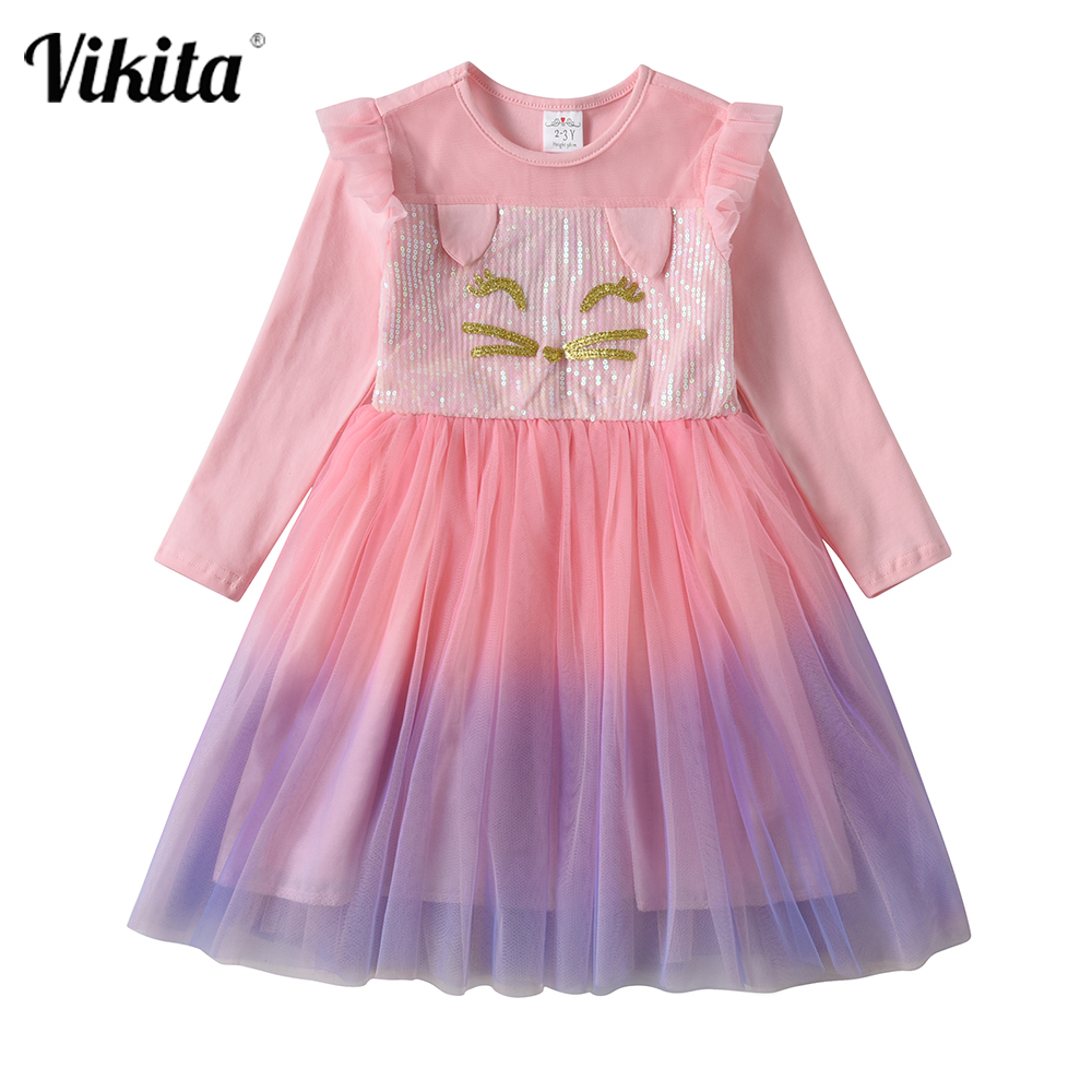 VIKITA Kind Mädchen Kleid Frühling Herbst langarm Vestidos freundlicher Prinzessin Kleid Mädchen Kaninchen Druck Karikatur Ballettröckchen Gittergewebe Kleider