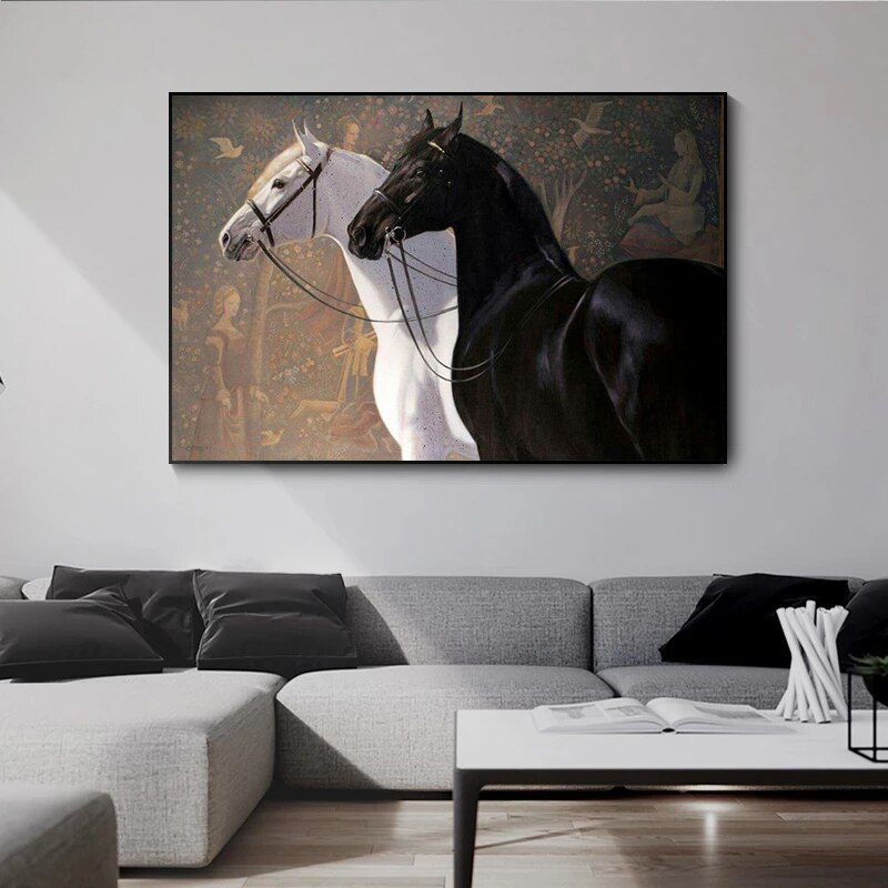 Retro Black White High Blood Horse Animal Canvas Painting Posters and Prints Wall Art Pictures Living Room Home Decor Cuadros