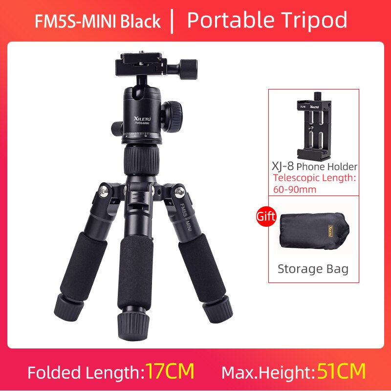 XILETU FM5S Portable Tripode Lightweight Travel Stand Tabletop Video Mini Tripod with 360 Degree Ball Head Tripod For Camera: CRYSTAL