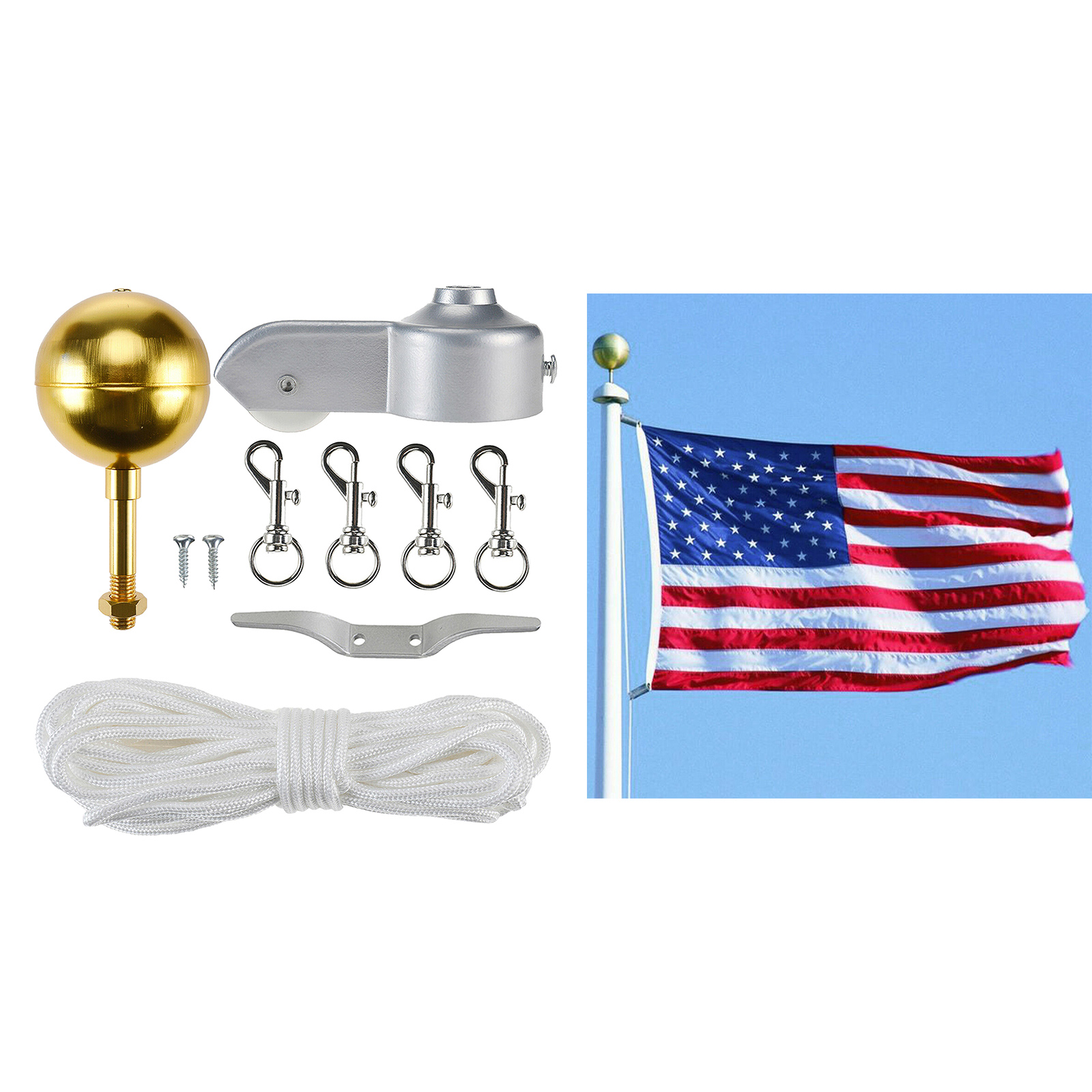 Outdoor Flagpole Hardware Repair Kit 3" Topper Gold Ball 4pc Flag Clip Hooks Flagpole Pulley Truck