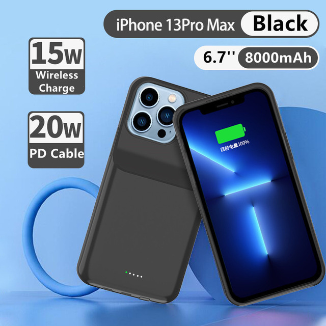 Power Bank Cover For iPhone 13 Pro Max 13 Pro 13 min Wireless Charging Battery Charger Cases 8000mAh Backup Powerbank Cases: 13 Pro Max  Black