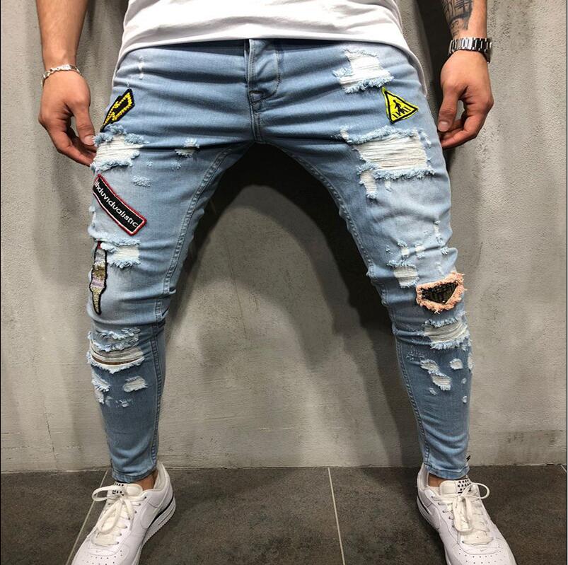 men's hole embroidery jeans Hip-hop slim men jeans skinny jeans men Clothes: 1 / S