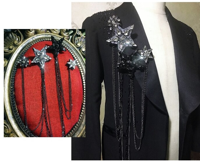 Prachtige Strass Pentagram Extra Lange Handgemaakte Mode Schouder Board Badges Stof Metalen Epauletten