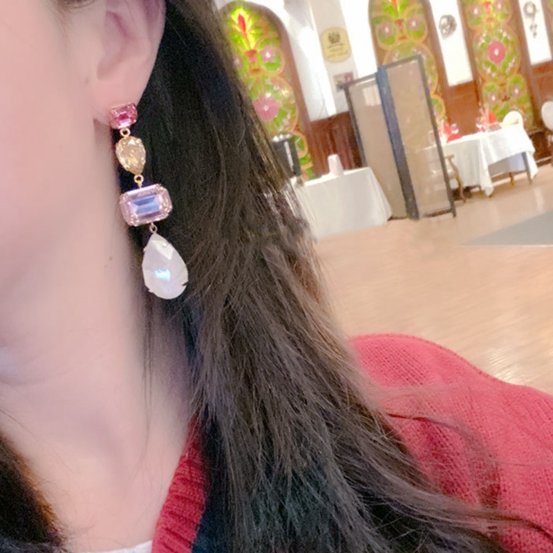 MENGJIQIAO Neue Luxus Platz Wasser Tropfen Bunte Kristall Erklärung Baumeln Ohrringe Für Frauen Partei Brincos Schmuck