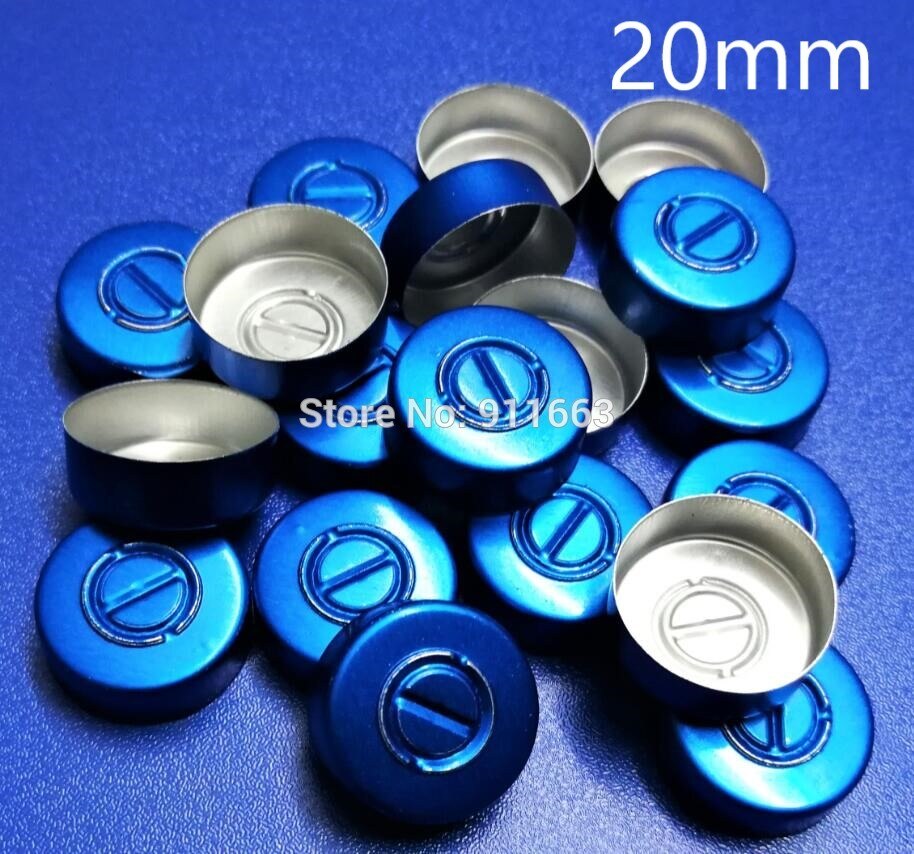 20mm aluminiowa nakładka, 30 sztuk/partia, czapki farmaceutyczne, korek uszczelniający fiolki, górna część uszczelniająca, zamknięta fiolka, aluminiowe blaty robić fiolki ze szkła zagniatanego: niebieski
