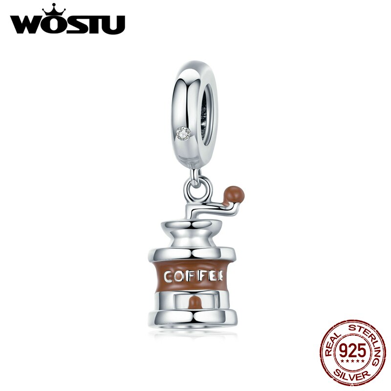 Wostu 925 prata esterlina moedor de café encantos marrom esmalte contas de prata caber pulseira original para mulher pingente jóias ctc170