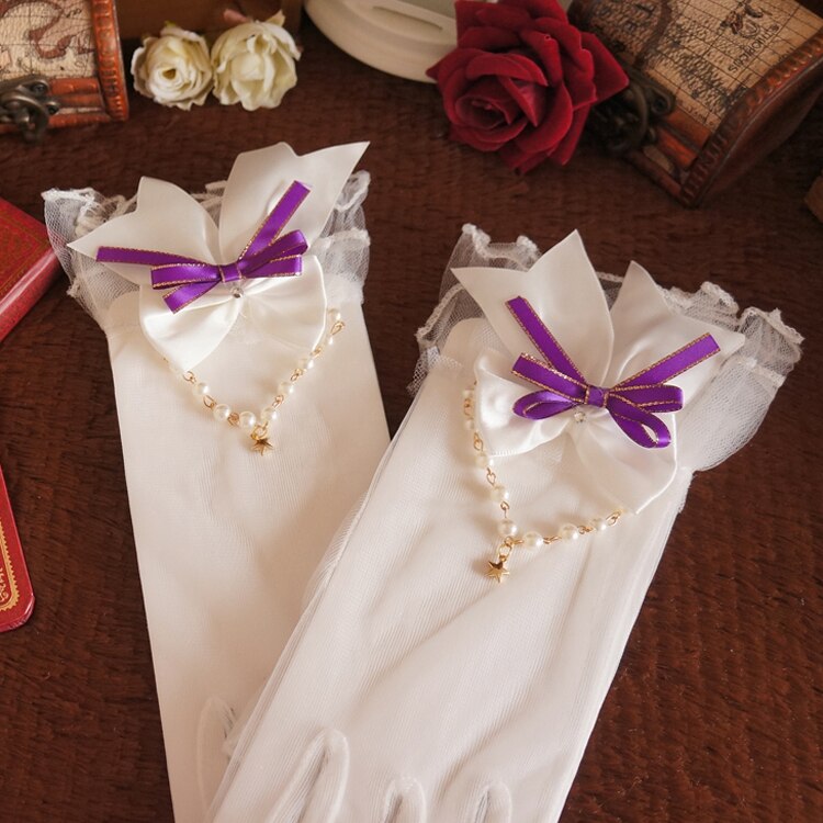 Gants en dentelle pour filles, magnifique collier de perles, cœur Lolita, maille, nœud perlé: Purple