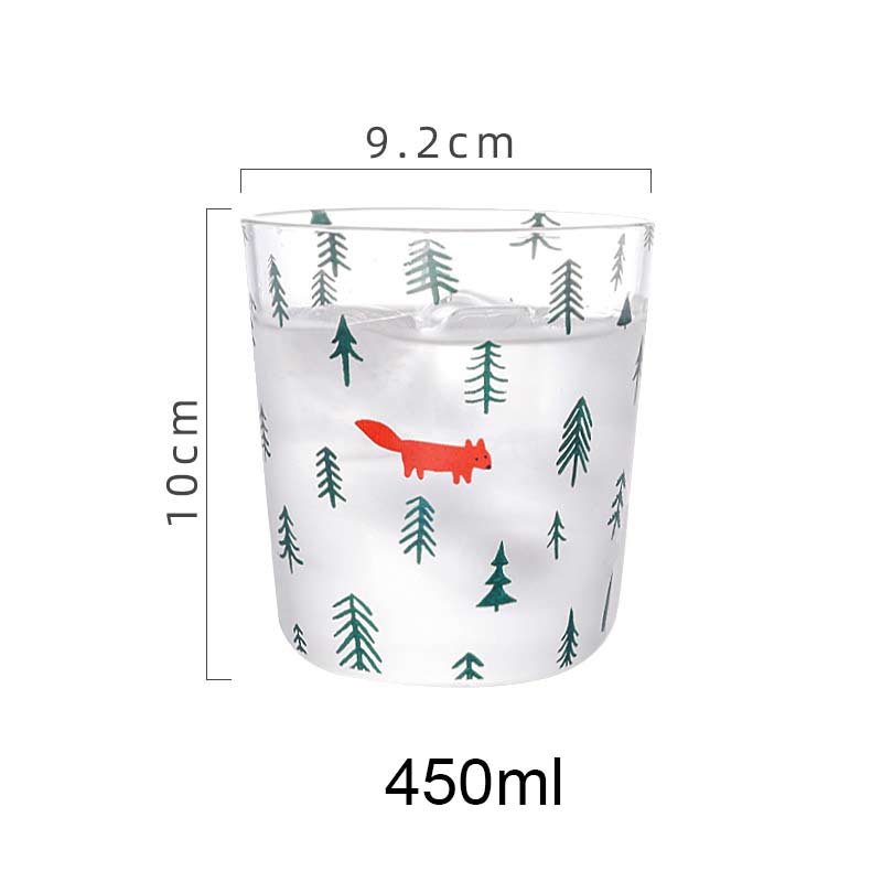 450ml Fruit Printed Glass Cup Transparent Glass Cuffee Mug Flower Tea Juices Milk Cup Breakfast Drinkware Xmas