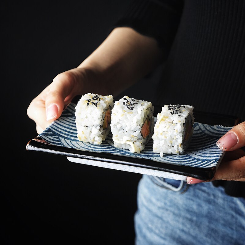 Blue wave pattern Ceramic plate Western tableware Steak dish porcelain plate Home kitchen rectangle square serving platter