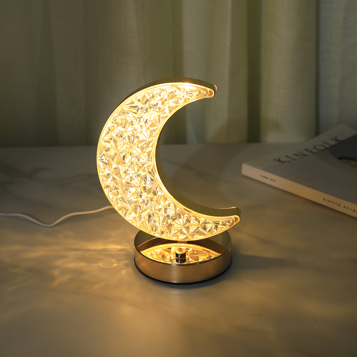 Led maankristal bureaulamp usb-opladen aanraakgevoelige driekleurige kleine nachtlamp, slaapkamer nachtlampje voor sfeerverlichting
