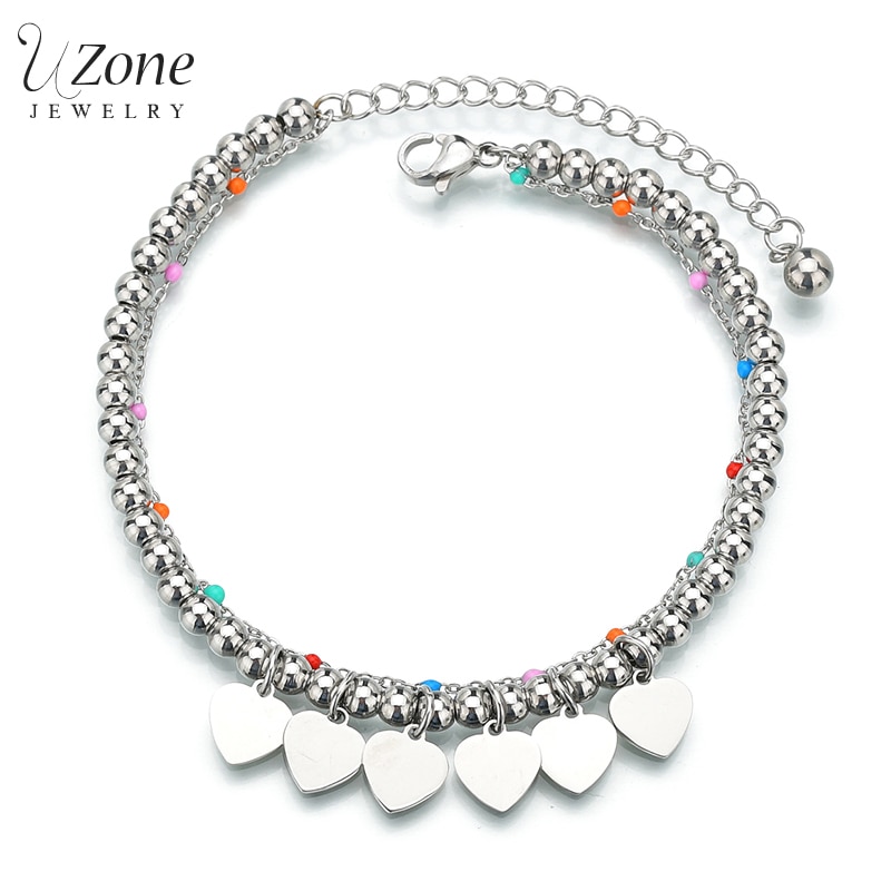 Uzone roestvrijstalen armband met kleine hartjes en dubbele laag verstelbare kralenkettingen voor vrouwen, meisjes, bruiloft, pulsera
