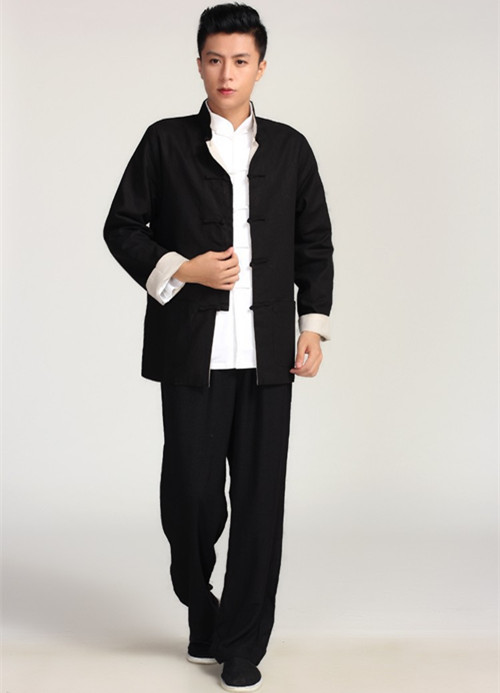 Style chinois Tang costume haut Vintage lin deux veste latérale pour hommes uniformes d'arts martiaux: Black beige / XXXL