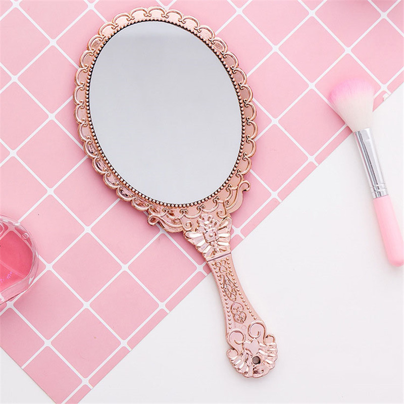 4 farver vintage mønster håndtag makeup spejl ovalt rundt kvinder dame kosmetiske spejle skønhed makeup tilbehør: Rose guld