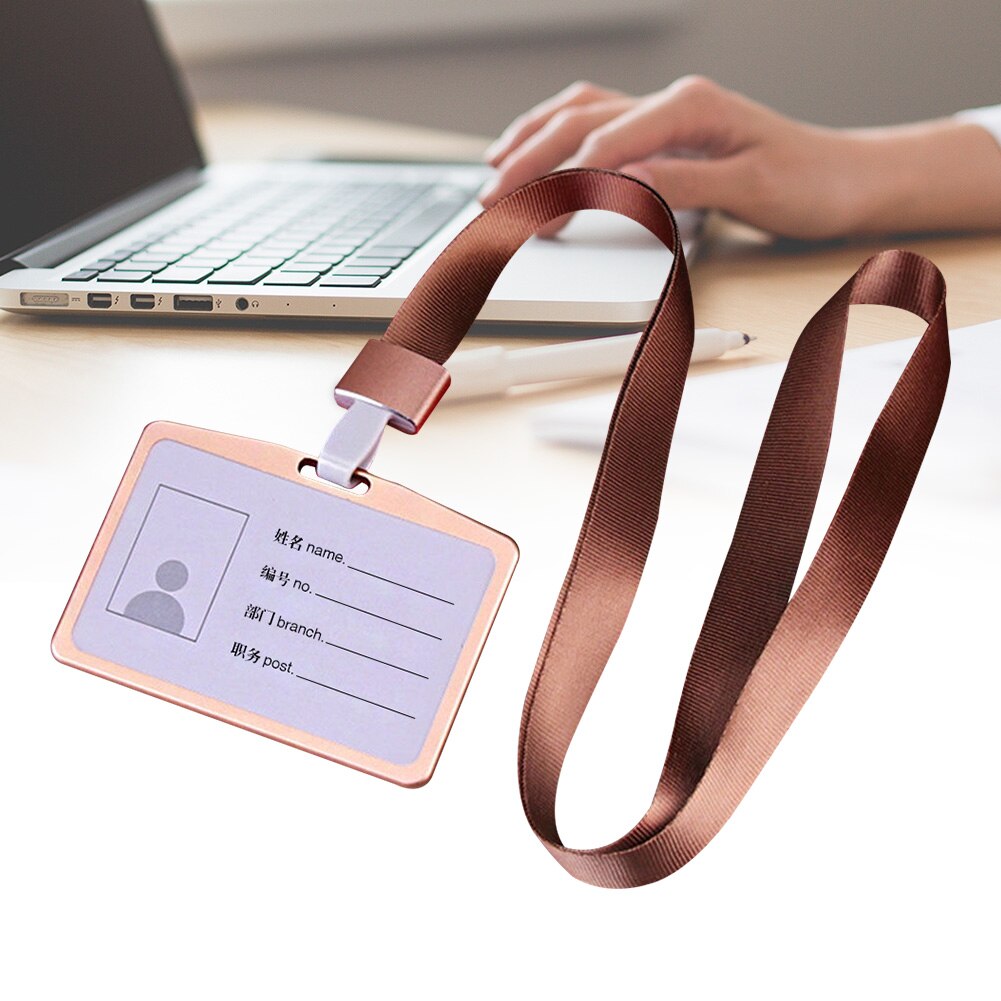 ID Badge Display Case Removable 90cm Neck Hanging Aluminum Alloy Rectangle With Lanyard Integrated Buckle Business Card Holder: Gold