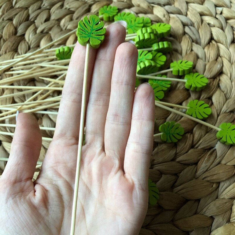Palito de palito de bambú para decoración de , palito de Palito para ensalada, postre y cóctel, con hojas tropicales para magdalenas, 200 unidades