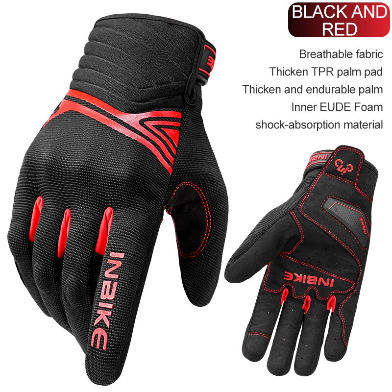 INBIKE-guantes para bicicleta resistentes a golpes, transpirables, para montar en bicicleta de montaña, con pantalla táctil de dedo completo para hombre: Black and Red / L