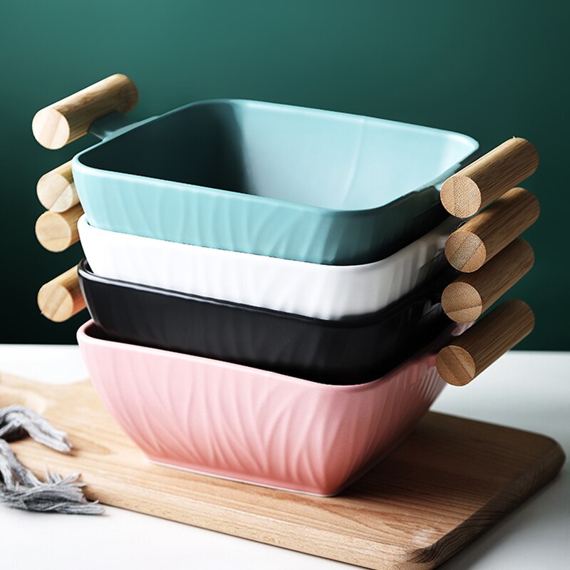 Keramische Vierkante Grote Soepkom Dubbele Oor Handvat Fruit Salade Creatieve Met Deksel Grote Capaciteit Servies Keuken Storage Tool