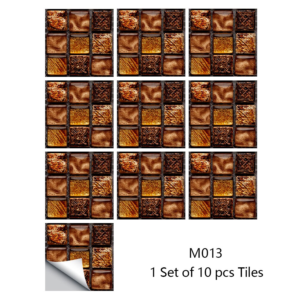 Pegatinas de pared de azulejos de mosaico de mármol, cubiertas planas impresas en 2D para cocina, baño, pelar y pegar, Mural de arte impermeable, 10 piezas: M013 / 10cmX10cmX10pcs