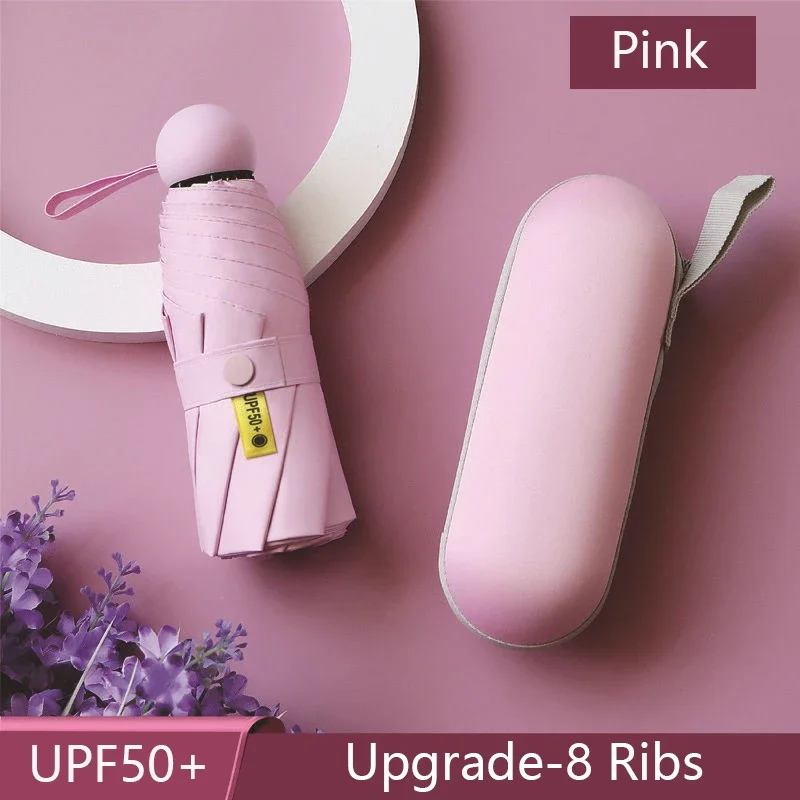 Paraguas portátil para el hogar, minivestido cápsula de bolsillo, 8 costillas, protección solar, plegado UV, sombrilla con caja: Blanco