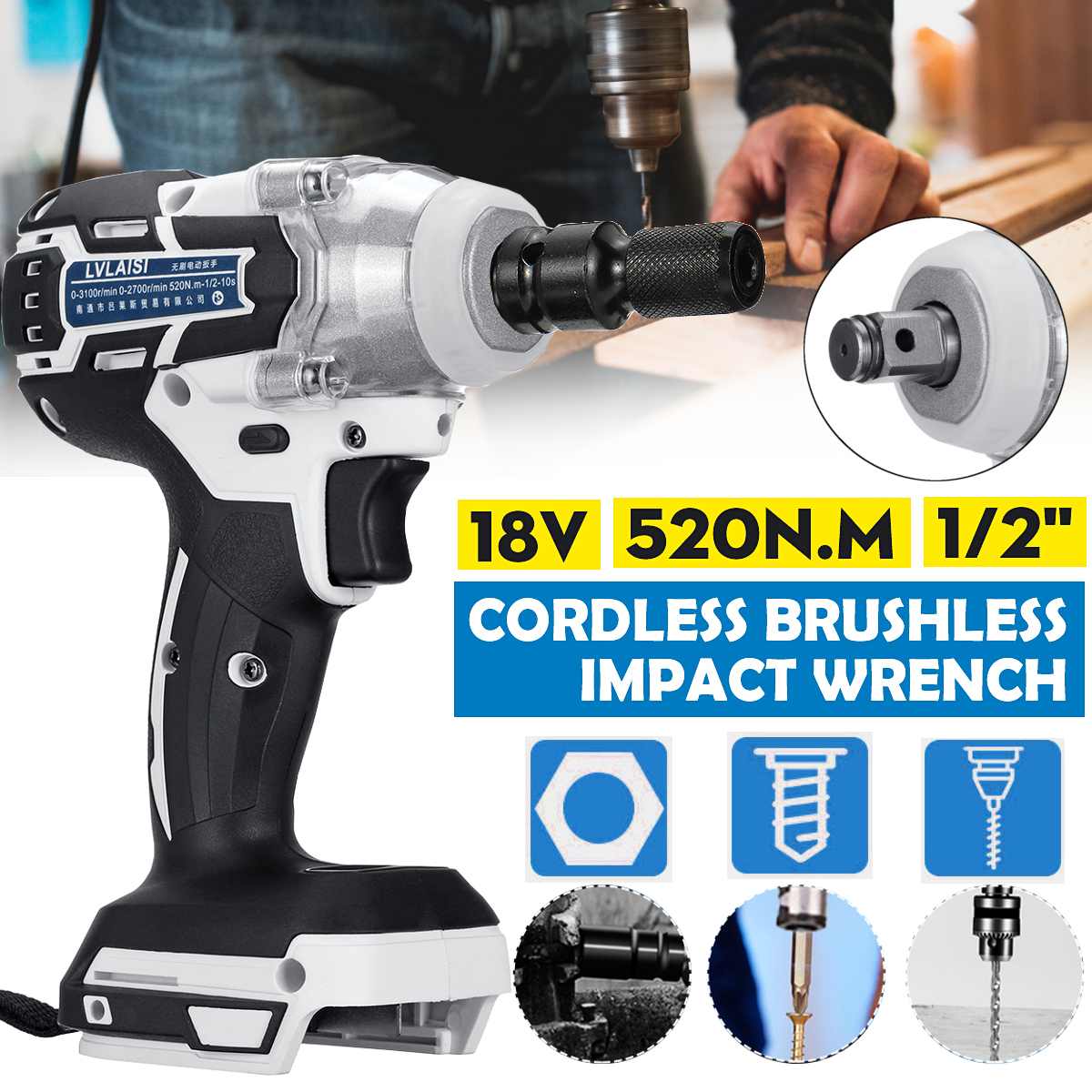 18V 520N.m Cordless Brushless Impact Wrench Stepless Speed Change Switch Adapted To 18V Makita Battery DTW285Z With converter