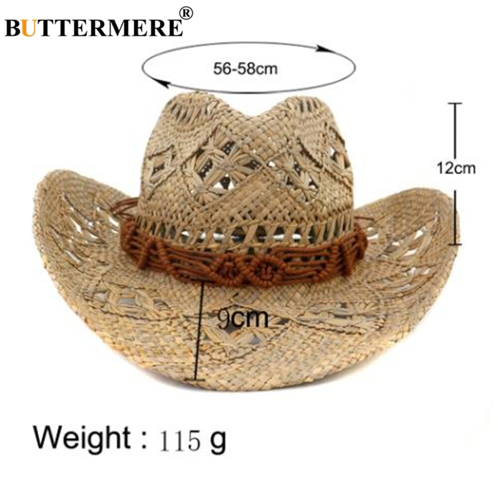 BUTTERMERE-Sombrero de vaquero occidental para hombre y mujer, sombrero para el sol hecho a mano, informal, de paja, ala ancha, accesorios de disfraz